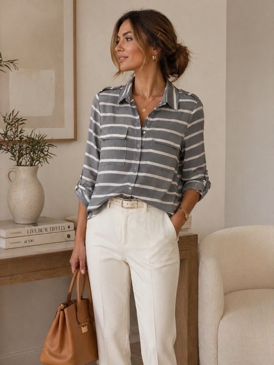 Reitmans Tops - 331. Reitmans Gray and White Striped Button-Down Blouse